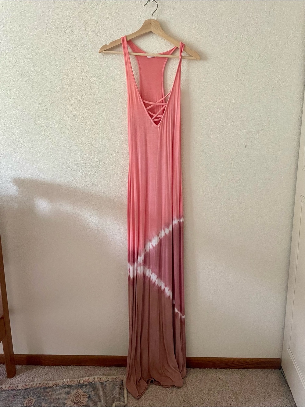 Venus Women’s Soft Stretch Pink & Purple Tie-Dye Ombré Maxi Dress with Tie Front